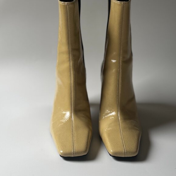 New ZARA Leather Patent Beige High Heel Ankle Boots Bootie Elastic Square toe 7 - Picture 5 of 11